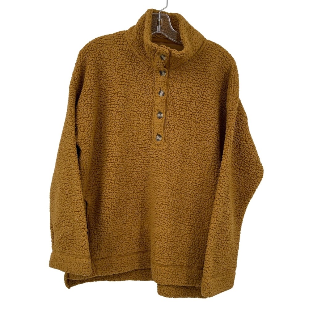 Aerie Sherpa Fleece Pullover Womens Small Mustard Yellow Button Mock Neck Pocket